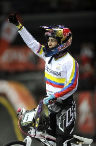 Mariana Pajon (COL) thanks the crowd after her win in the final of the elite womens time trial at the ICU BMX World Championships at Vector Arena, Auckland, Saturday July 27, 2013. (Picture Ross Land)